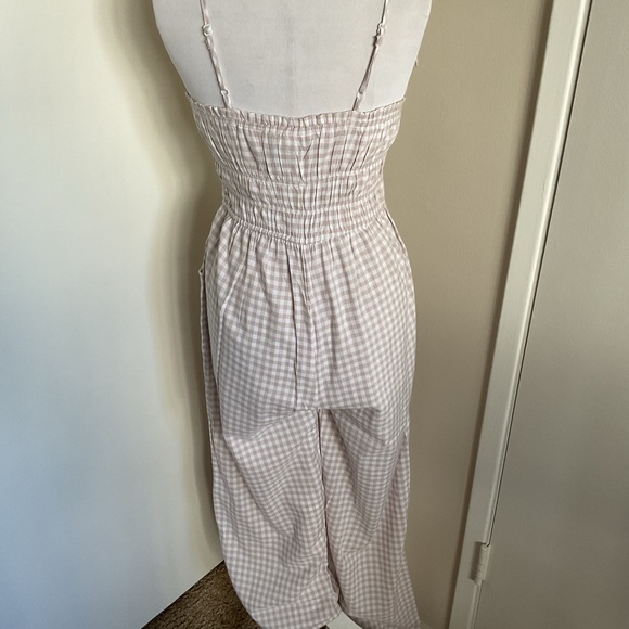 Sincerely Jules Tan White Gingham Jumpsuit S Smocked Wide Leg Summer Boho - Picture 6 of 6